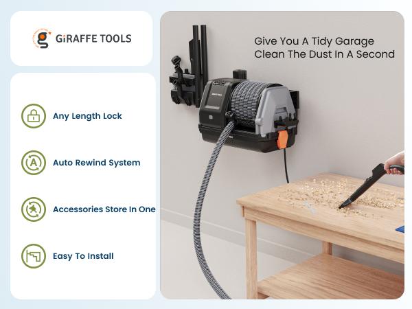 Giraffe Tools Grandstorm Vacuum Cleaner 30ft Retractable 20KPA Suction 6 Nozzles 4.5 Gallon Dustbin Wall Mounted Wet Dry Home Cleaning Solution