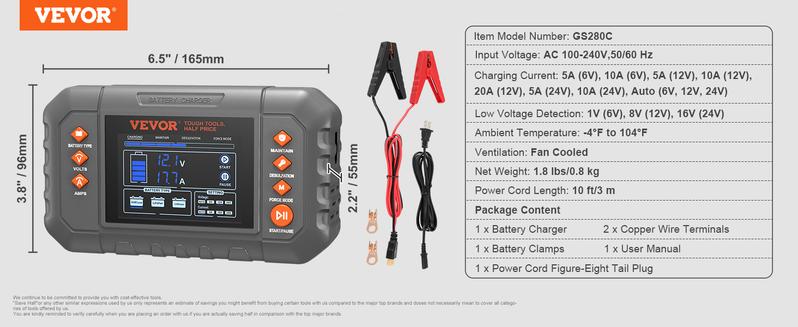 VEVOR Smart Battery Charger, Various specifications, Lithium LiFePO4 Lead-Acid (AGM / Gel / SLA) Car Battery Charger with LCD Display, Trickle Charger Maintainer Desulfator for Boat Motorcycle Lawn Mower Deep Cycle