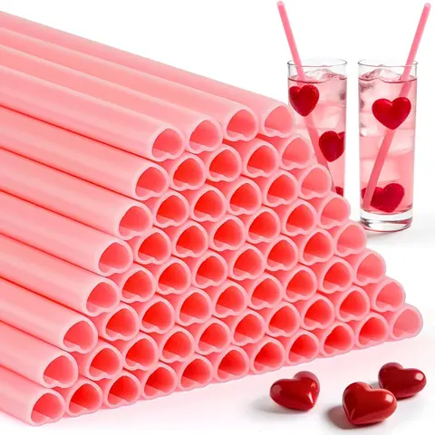 100 Pcs Heart Straws - Heart Shaped Pink Straws Plastic Disposable Drinking Straws Cute for Valentine's Day, Wedding, Party, Birthday party, Decorations, Pink