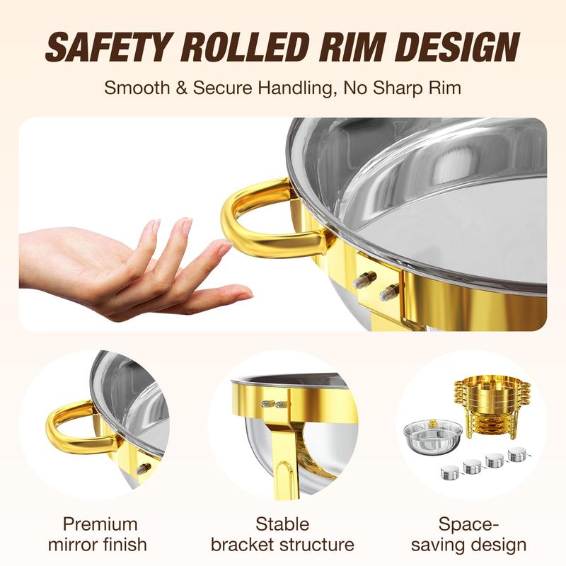 WARMOUNTS 5QT Gold Chafing Dish Buffet Set, Upgrade Gold Accent Stainless Steel Chafers and Buffet Warmers Sets with Glass Lid & Lid Holder for Parties Catering Events Weddings Banquets,Parties
