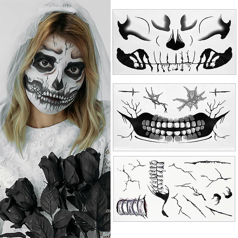 Fake Zombie Face Tattoos & Day of Dead Skull Stickers - Halloween Makeup Kit Accessories, Temporary Tattoo for Costume Prank, Women Men, Realistic Scar Wounds FX (3 Sheets)