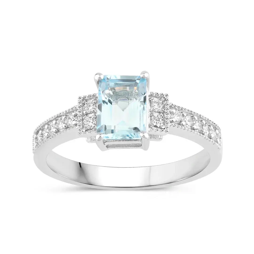 Natural Aquamarine and Lab Diamond Ring