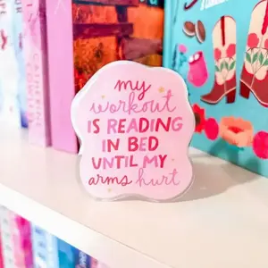 Funny Reading Quote Kindle & Phone Grip, “My Workout Is Reading in Bed” Bookish Acrylic, E-Reader Stand Gift for Her