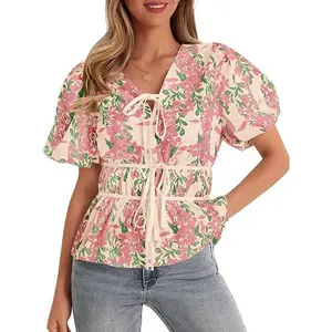 Cicy Bell Womens Puff Sleeve Tie Front Tops Summer Babydoll Peplum V Neck Blouse Casual Dressy Pleated Floral Print Shirts