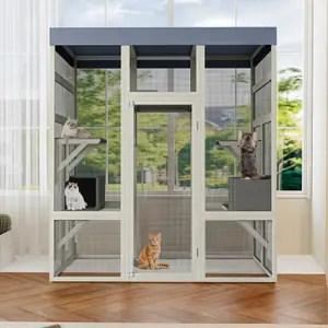 Multi-Level Vertical Cat Villa! 62.6" Gray Wooden Catio Outdoor Pet Enclosure with Waterproof Top Balcony & Indoor Cat Cage, Safe Cat House for Multi-Cat Families