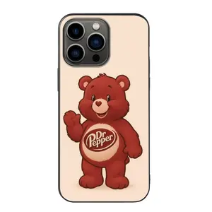 Dr Pepper x Care Bear Style Red Bear Slim Liquid Silicone iPhone Cover for iPhone 11/12/13/14/15 Pro/Pro Max Cozy Retro Aesthetic Full Protection Viral Crossover Appeal