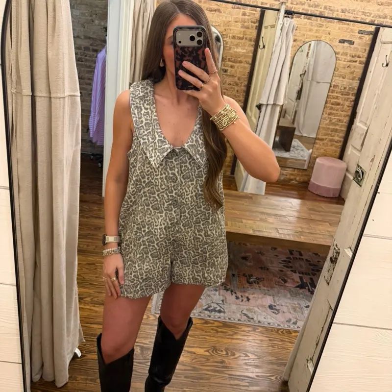 Button Down Leopard Collared Denim Romper - Denim Romper - Western Wear