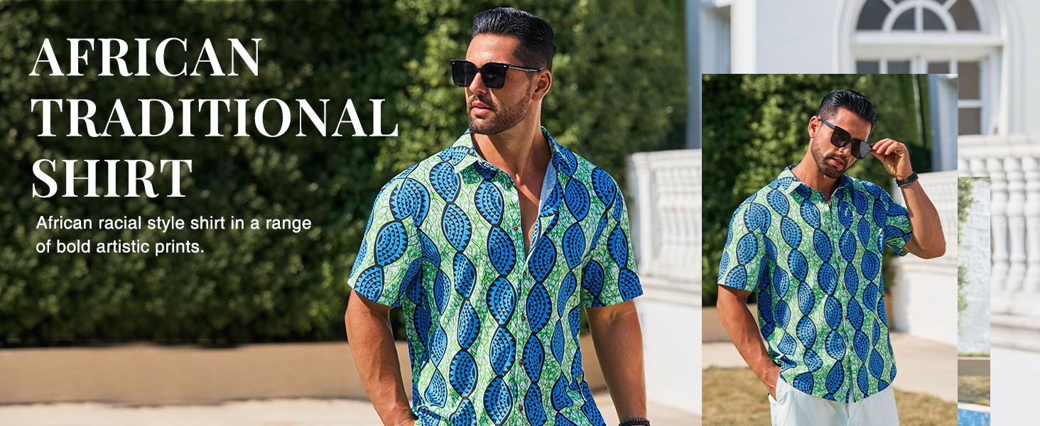 Runcati Mens Short Sleeve Shirts Button Down African Traditional Pattern Dashiki Shirt Casual Vintage Floral Hippie Tops