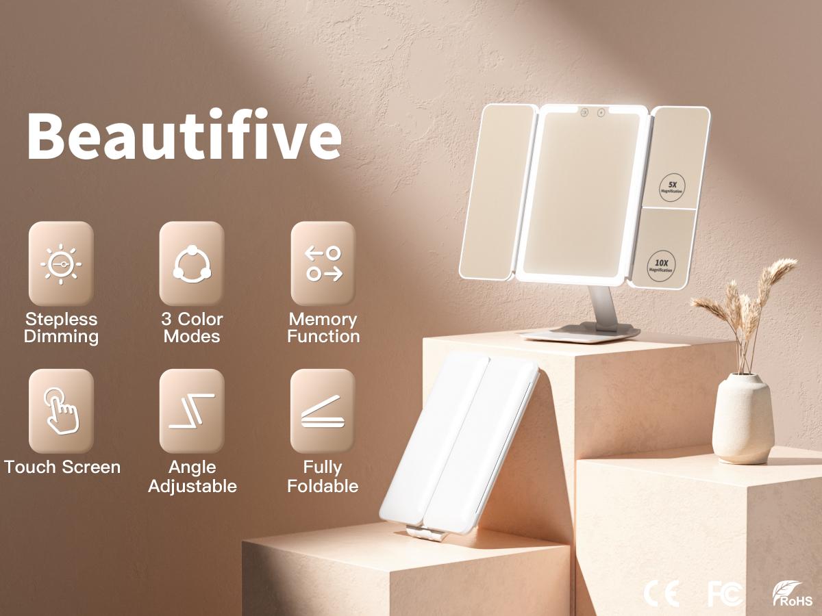 BEAUTIFIVE Tri-fold Travel Makeup Mirror with 48 LED Lights, 1X/5X/10X Rechargeable Vanity Mirror with Light, Portable Magnifying Mirror with Light, Stepless Dimming and Touch Control Table Mirror, Perfect Gift for Her, SummerVibes