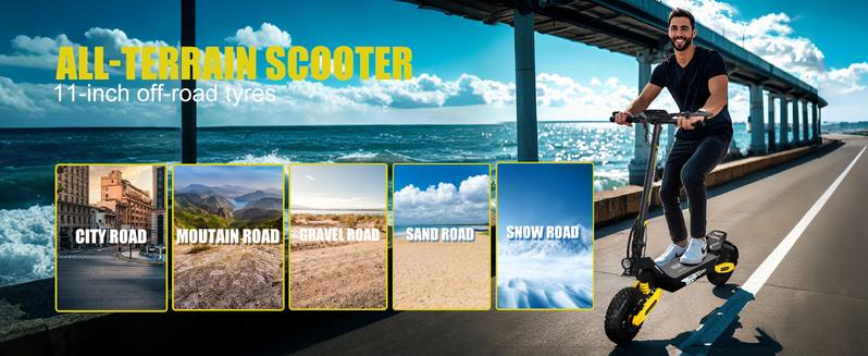【 EOEOTOW  & GT06】Electric scooter with a range of 40 miles, equipped with a 1200 W motor, top speed of 30 miles per hour, 11-inch all-terrain tires, front and rear shock absorbers, an LED display screen, and a foldable design.