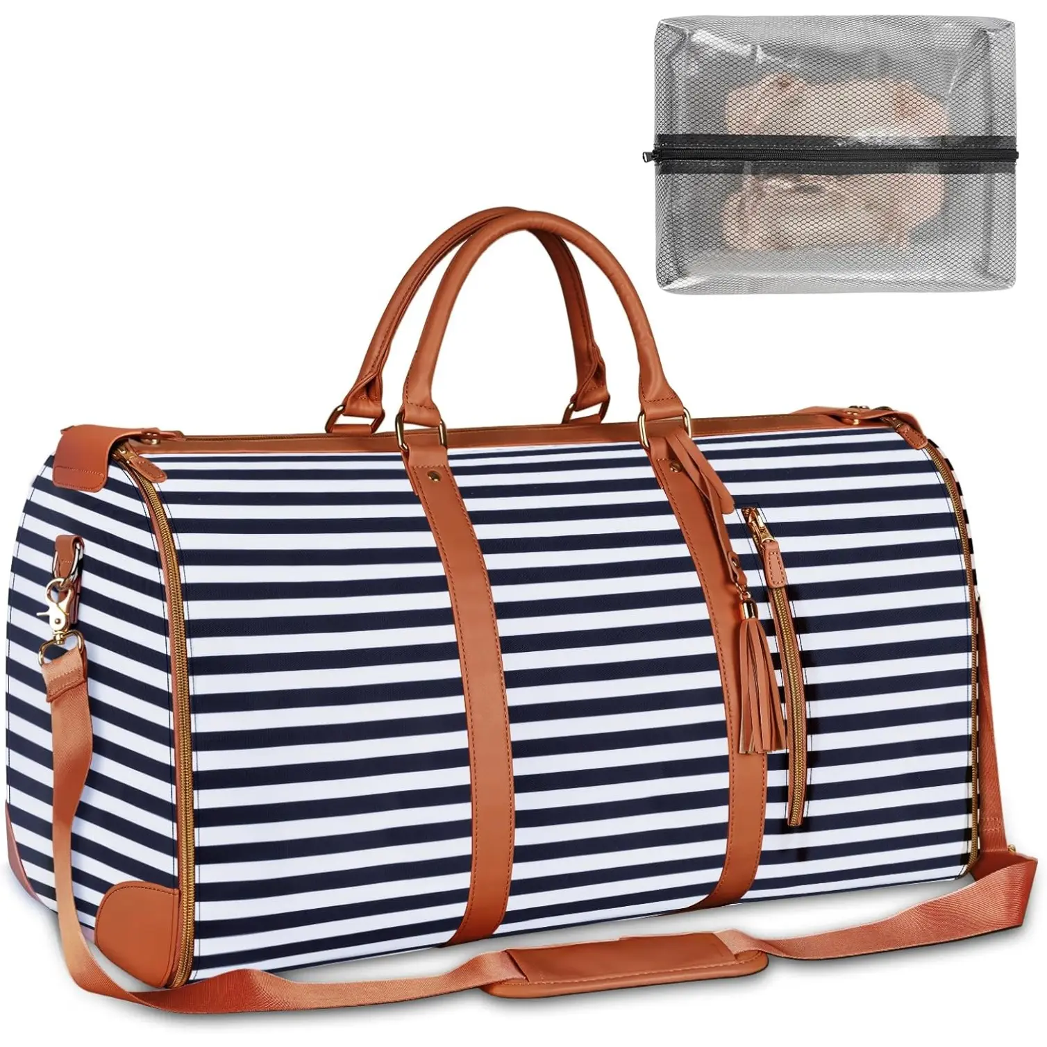 2 in 1 Large Convertible Garment Bags for Travel, Waterproof Carry On Duffle Bag with Shoe Pouch,Hanging Suitcase Suit Travel Bags, Gifts for Women, Royal Blue Stripe