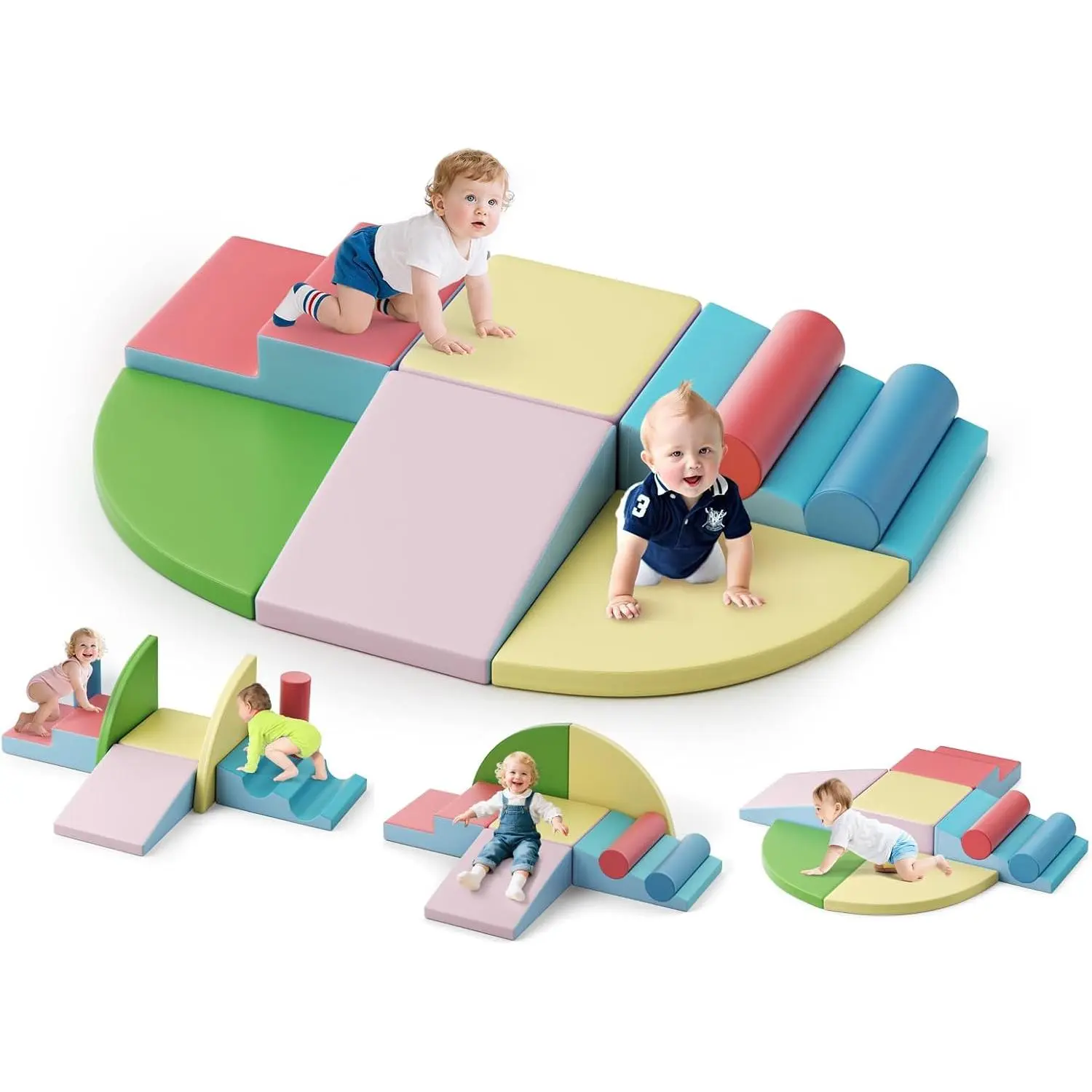 Foam Climbing Blocks for Toddlers 1-3, 8pcs Soft Play Set with Crawling Exploration Toys, Indoor Outdoor Infant Safe Blocks for Baby Gym Toddler Playground