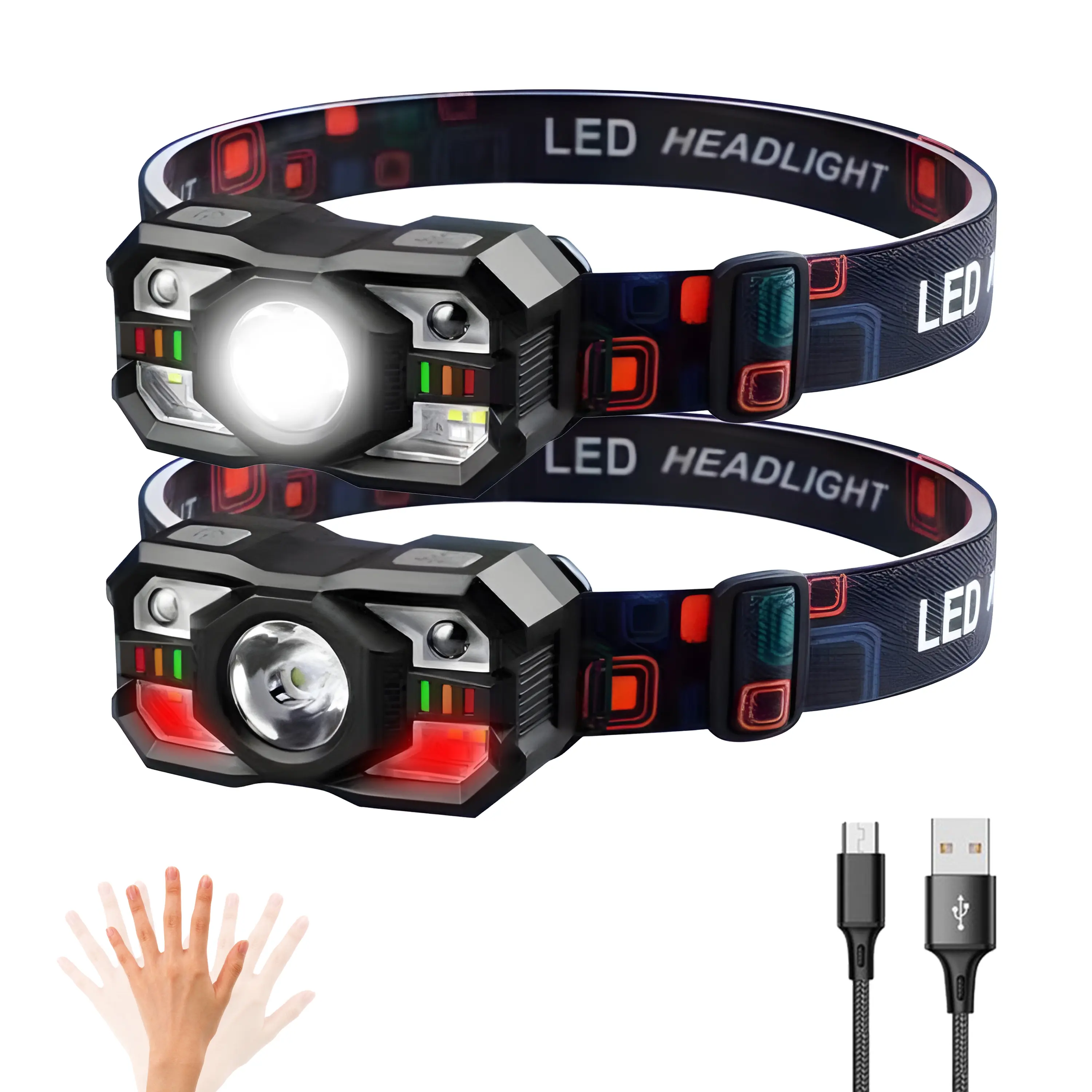 TGPao LED Headlamp 2-Pack, Rechargeable ABS Lamps with Motion Sensor, COB & Red Warning Light, 15H Runtime for Night Fishing, Search, Caving, 10W, Portable Lamps, 200-500 Meters