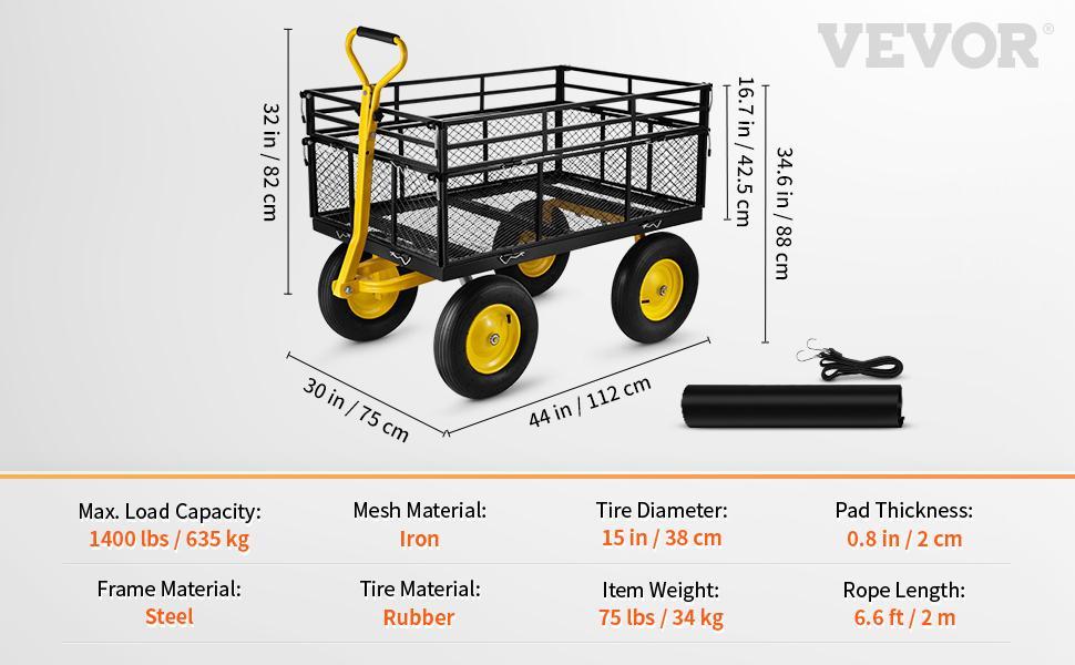 VEVOR Steel Garden Cart, Heavy Duty Max 1400 lbs Capacity, with Removable Mesh Sides to Convert into Flatbed, Utility Metal Wagon with 2-in-1 Handle and 15 in Tires, Perfect for Garden, Farm, Yard VEVOR Steel Garden Cart, Heavy Duty Max 1400 lbs Capacity, with Removable Mesh Sides to Convert into Flatbed, Utility Metal Wagon with 2-in-1 Handle and 15 in Tires, Perfect for Garden, Farm, Yard