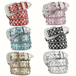 Skull Rivet Water Drill Bb Belt Fashion Solid Color Shiny Cool PU Belt Denim Denim Pants Belt Ladies Girls Men