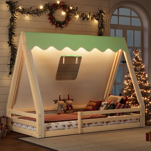 [Bellemave]Twin /Full Size House Floor Bed with Tent and Light, Solid Wood Teepee Floor Bed with Full-length Guardrails, Montessori and Childlike Design