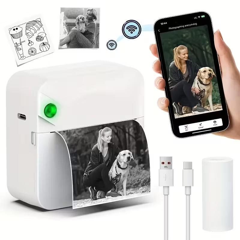 Portable Mini Printer, 1 Set USB Rechargeable Wireless Thermal Printer with Print Paper, Portable Photo Printer for Home Office School [0]