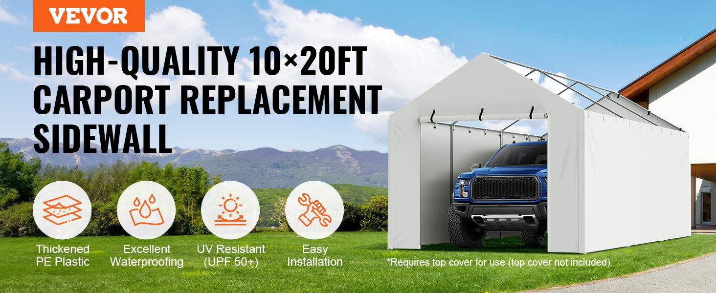 VEVOR Carport Replacement Canopy Cover Side Wall 10 x 20 ft, TikTokShopBlackFriday, Garage Tent Shelter Tarp Heavy-Duty Waterproof & UV Protected, Easy Installation with Ball Bungees,White (Top and Frame Not Included)