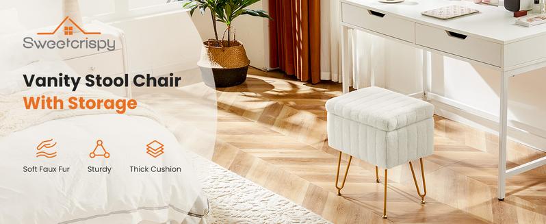 Vanity Stool Chair with Storage, Ottoman Faux Fur Soft Padded Makeup Footstools Seat Modern Footrest for Home Entryway Bedroom