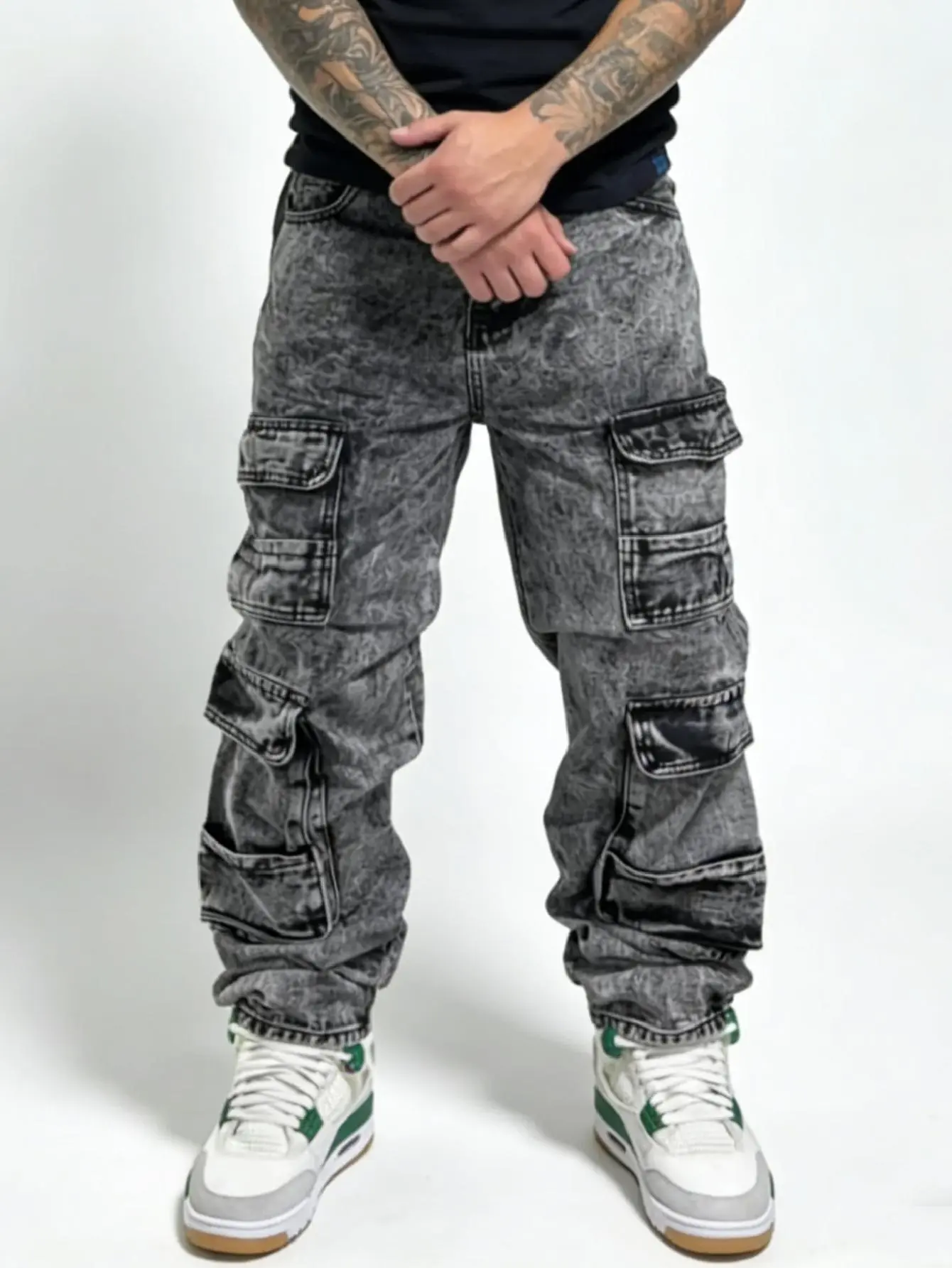 SRETOUU High Street Men's Multi-Pocket Baggy Cargo Jeans Fashion Men Casual Straight-Leg Long Pants Light Wash Extra Baggy Wide-Leg Denim - Fabric Graphic Streetwear Flare Black