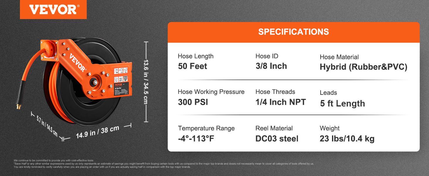 VEVOR Retractable Air Hose Reel, Max. 100 FT, 300 PSI Hybrid Air Hose , Air Compressor Hose Reel with 5 ft Lead in, Ceiling / Wall Mount Heavy Duty Single Arm Steel Reel VEVOR Super Brand Day