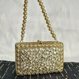 Beautiful Statement Fancy Kundan Clutch with Beaded Handle and Crystal Embellishments for Special Occasions