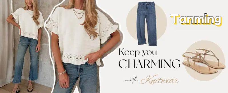 Tanming Womens Short Sleeve Sweater Round Neck Ruffled Hem Knit Crochet Pullover Casual Top Blouse Springfresh Summer Outfit