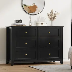 Garvee Upgraded 6 Drawer Dresser，tall wooden storage cabinet with deep drawers, metallic pull knobs，storage organizer for bedroom, entryway, hallway, living room, kids room, closet