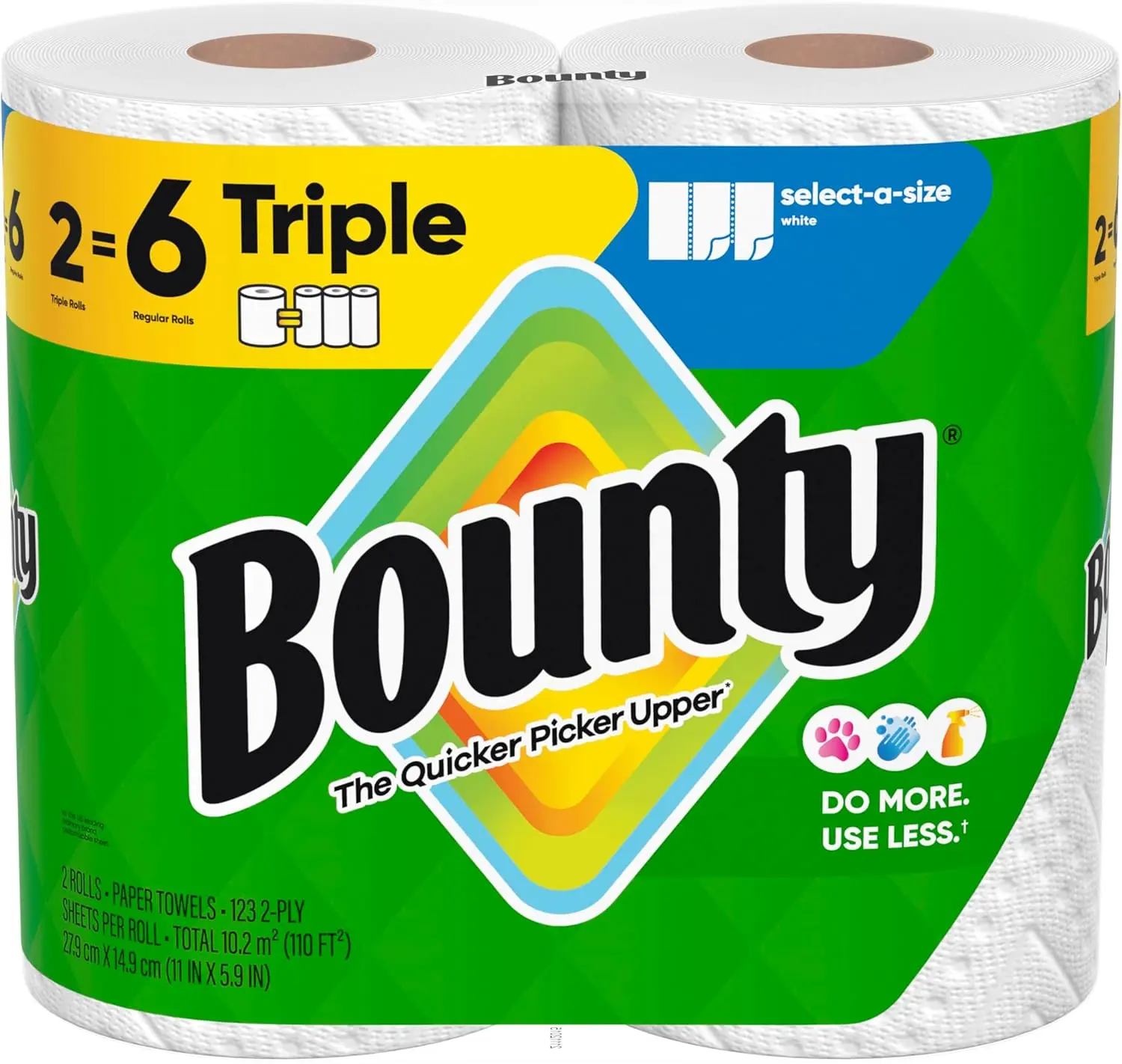 Bounty Select-A-Size White Paper Towels, 2 Triple Rolls, 123 Sheets Each, Equivalent to 6 Regular Rolls