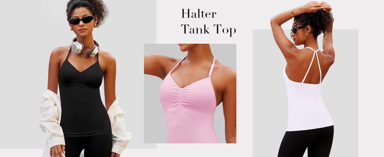 V FOR CITY SoftHue Impact Longline Halte Strappy Top Women's Halter Workout Tank Tops Backless Gym Longline with Adjustable Strap SpringStatements