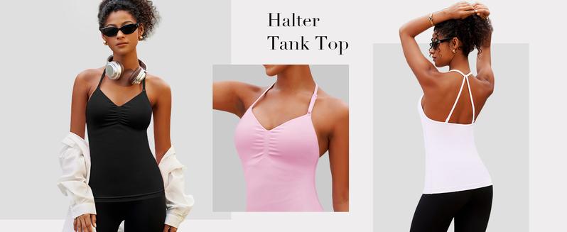 V FOR CITY SoftHue Impact Longline Halte Strappy Top Women's Halter Workout Tank Tops Backless Gym Longline with Adjustable Strap
