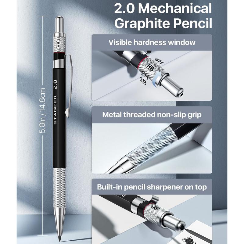 STAGEEK 6 Pack Art Mechanical Pencil Set, Drafting Pencil,3Pack Metal Drafting Pencil 0.5 mm & 0.7 mm & 0.9 mm & 3Pack 2mm Graphite Lead Holder (2B HB 2H) with 492PCS Leads (6B 4B 2B HB 2H 4H Color)For Writing, Sketching Drawing With Lead Refills Case STAGEEK 6 Pack Art Mechanical Pencil Set, Drafting Pencil,3Pack Metal Drafting Pencil 0.5 mm & 0.7 mm & 0.9 mm & 3Pack 2mm Graphite Lead Holder (2B HB 2H) with 492PCS Leads (6B 4B 2B HB 2H 4H Color)For Writing, Sketching Drawing With Lead Refills Case