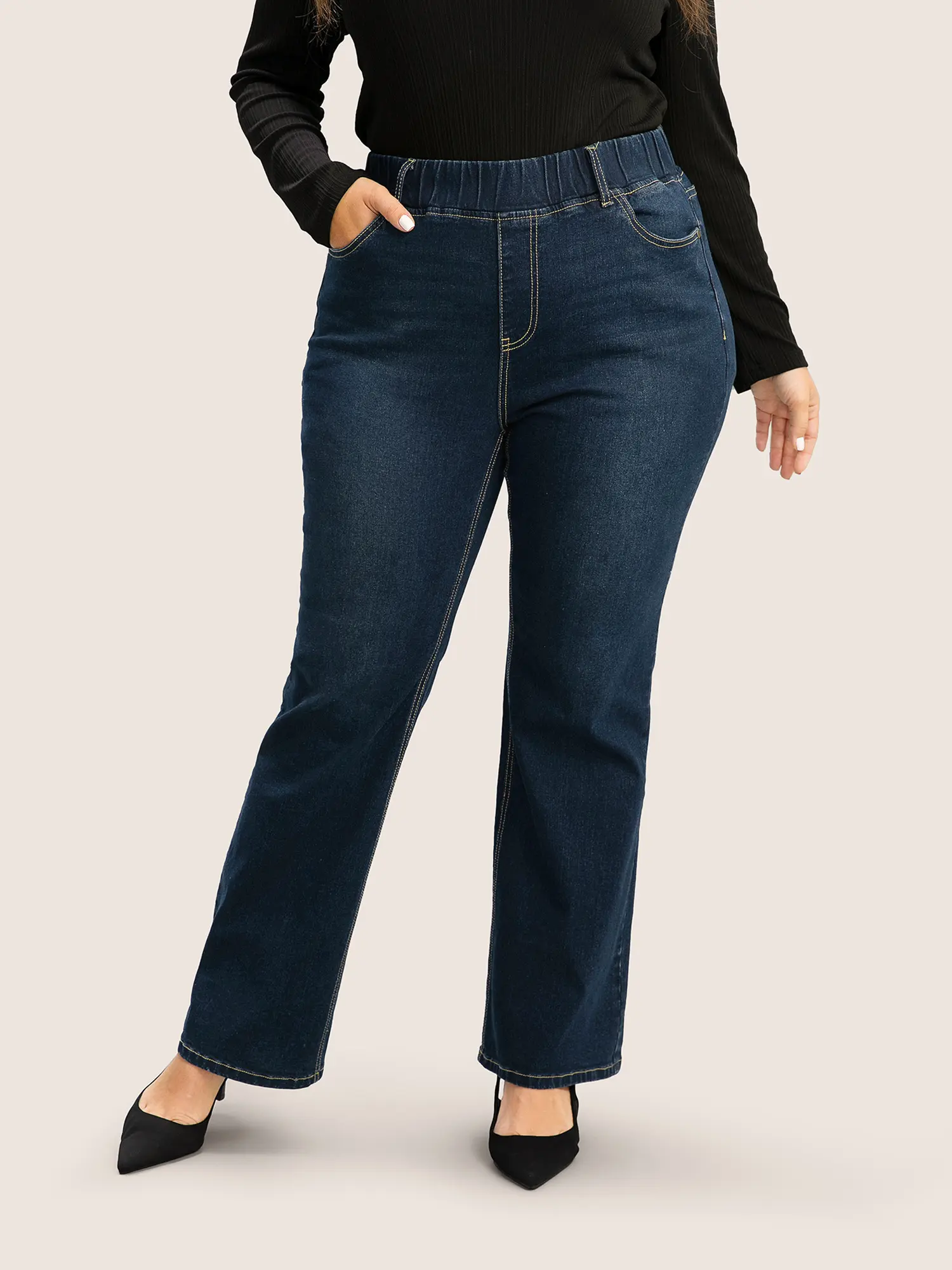 【Butt Lifting】BLOOMCHIC Plus Size Solid Elastic Waist Pocket Full Length Jeans [M-6X]Bootcut Fit,Summerfinds