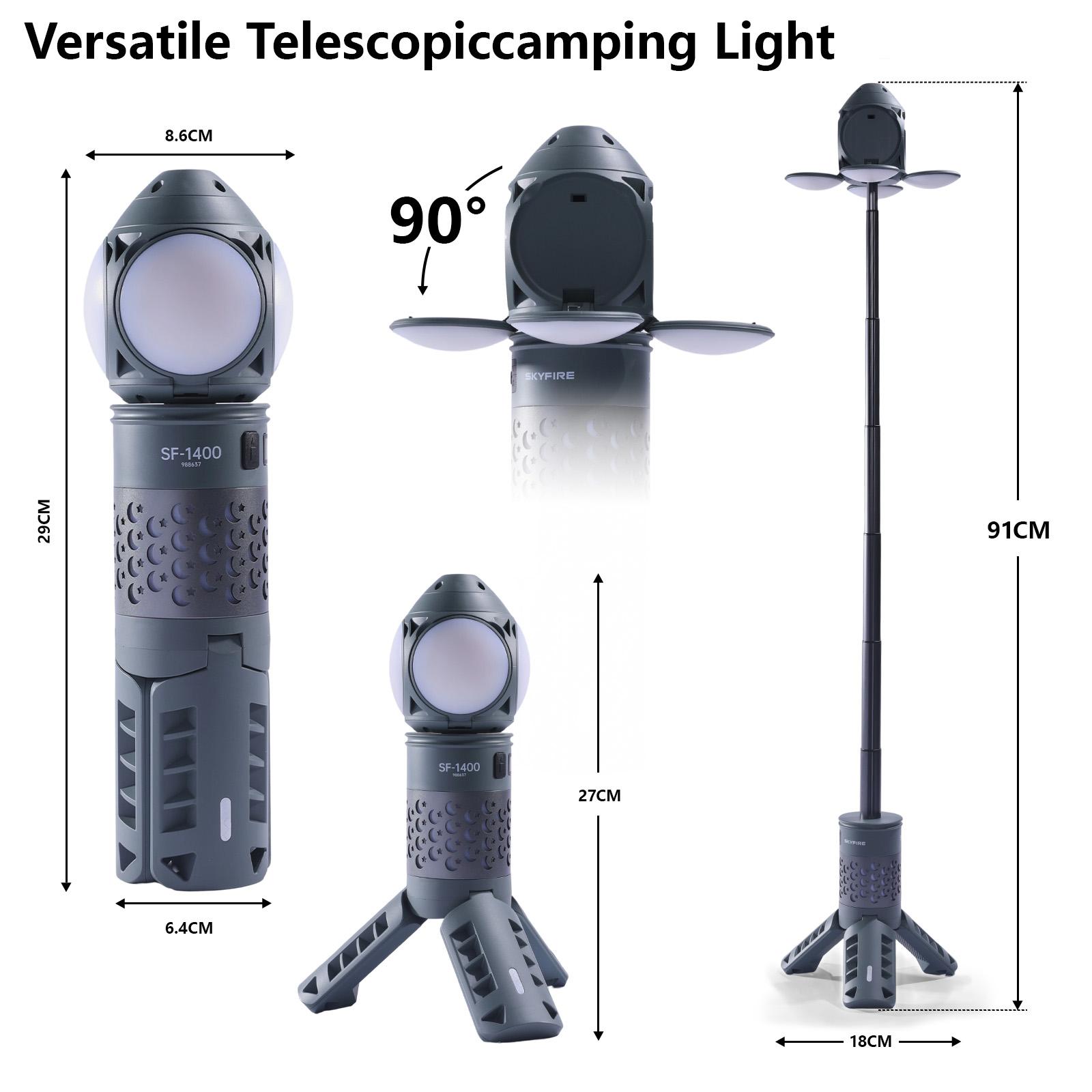 SKYFIRE Portable Camping Light, Telescopic Camping Lantern (with Rechargeable Power Supply), High Lumen Dimmable Magnetic Tent Lamp — Outdoor Work Light for Hiking, Camping, Home Emergencies