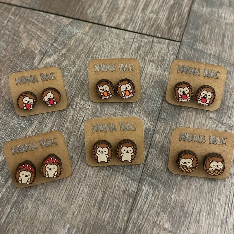 Hedgehog Stud Earrings – Adorable Woodland Animal Wooden Studs