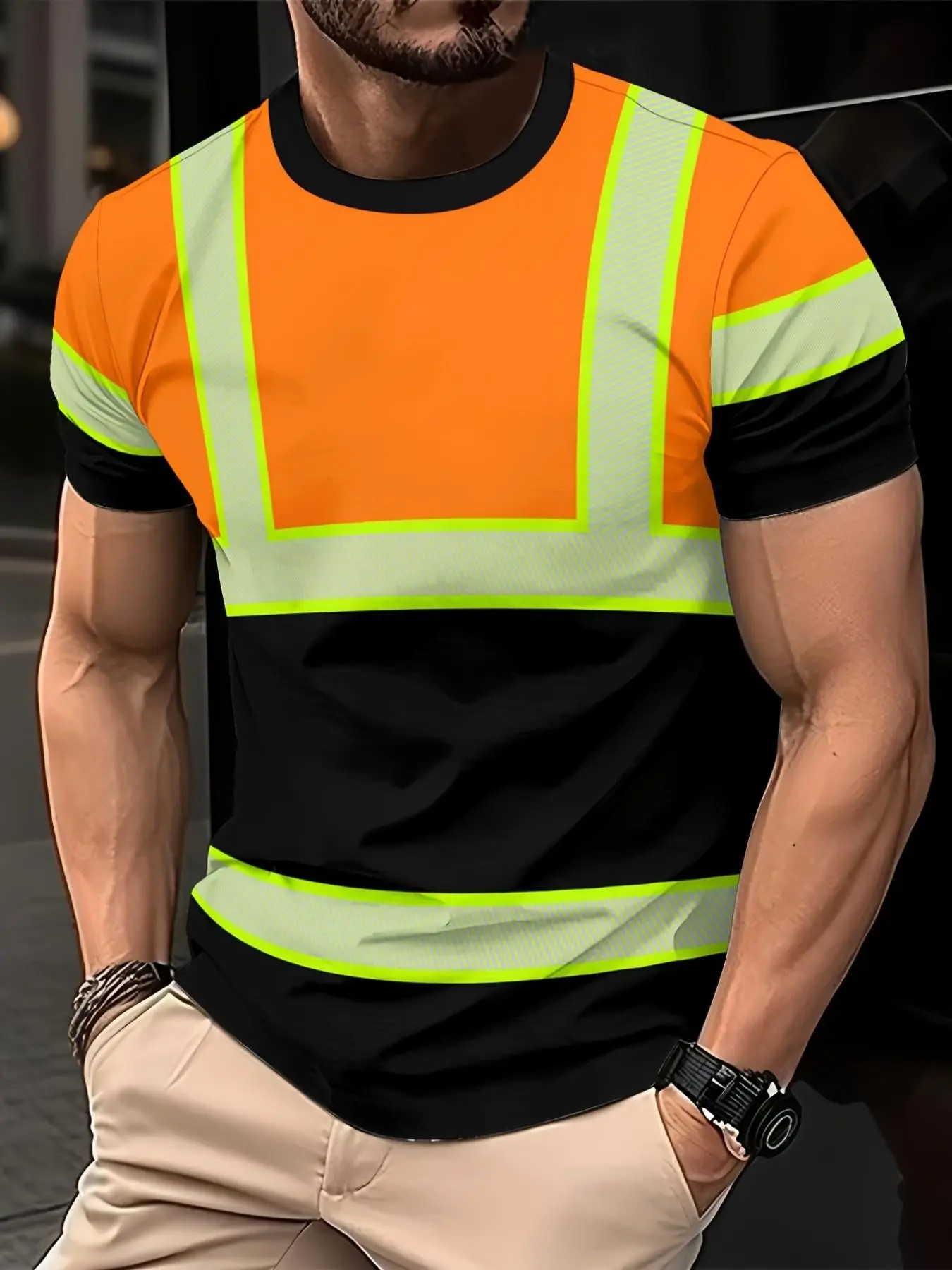 Colorblock Short Sleeve T-Shirt, Unisex Workwear Safety Shirt, High Visibility Casual Loose-Fit Top, Graphic Pattern