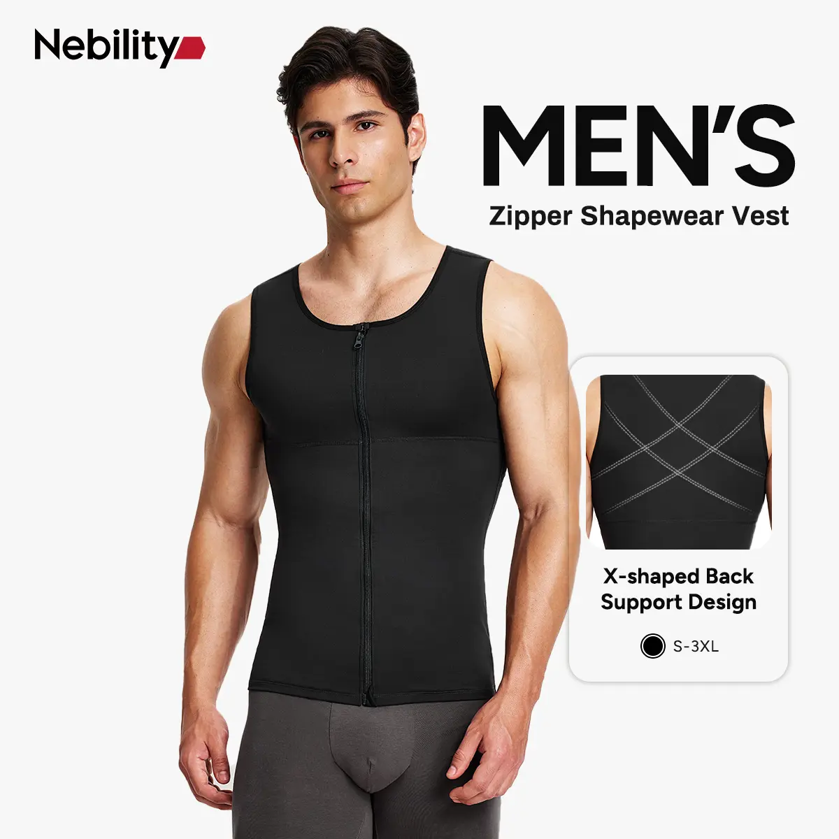 【New Arrival】Nebility Men's Compression Tank Top with Zipper, Chest and Back Support, X-Shape Back Design for Better Posture, Smooths Chest and Belly, Breathable Stretch Fabric for Daily Wear and Workouts