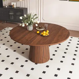 47 inch Round MDF Dining Table for 4, Modern Farmhouse Kitchen Table with Wood Strip Base, Walnut Finish Circle Table for Kitchen and Living Room