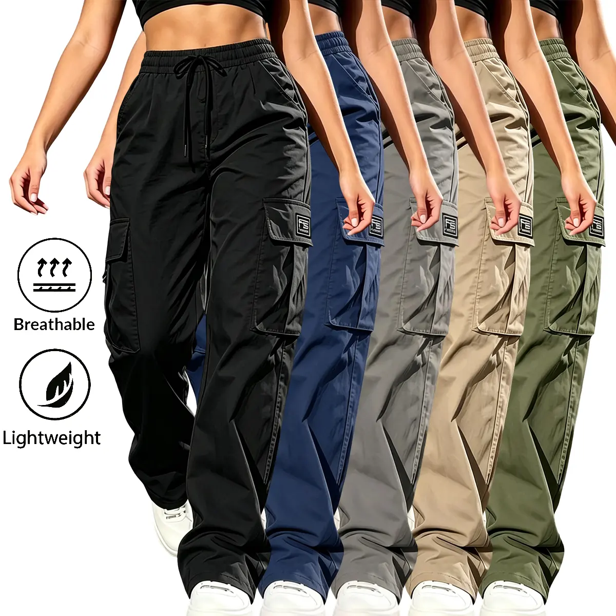 Women’s solid-color cargo pants featuring an elastic waistband with stretch and practical, large-capacity pockets for easier storage.Versatile women’s wear suitable for all seasons—ideal for everyday casual wear, outdoor outings, and workwear/uniforms.