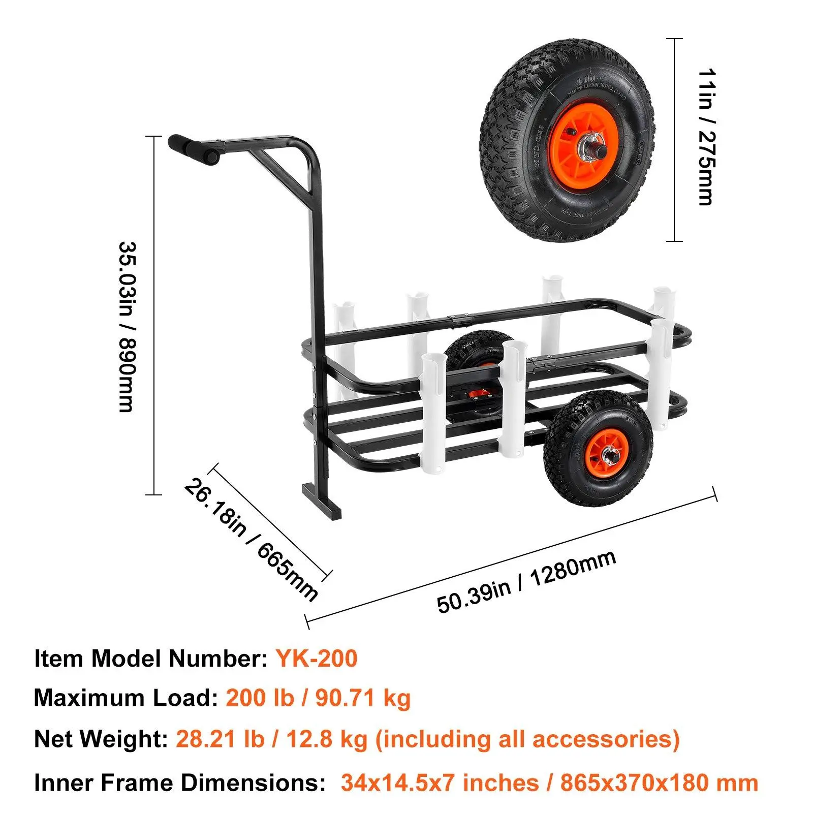 200 lbs with 11" Rubber Wheels