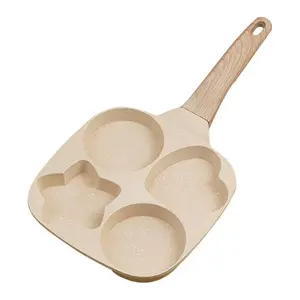 Multifunctional Non-stick Egg Frying Pan–4 Holes Skillet with Wooden Handle,Medical Stone Omelette Maker for Pancakes,Burgers,Breakfast&Quick Cooking at HomeNon-stick Beige Cookware-kitchen supplies-Easter St. Patrick’s Day Holiday Gifts Compact