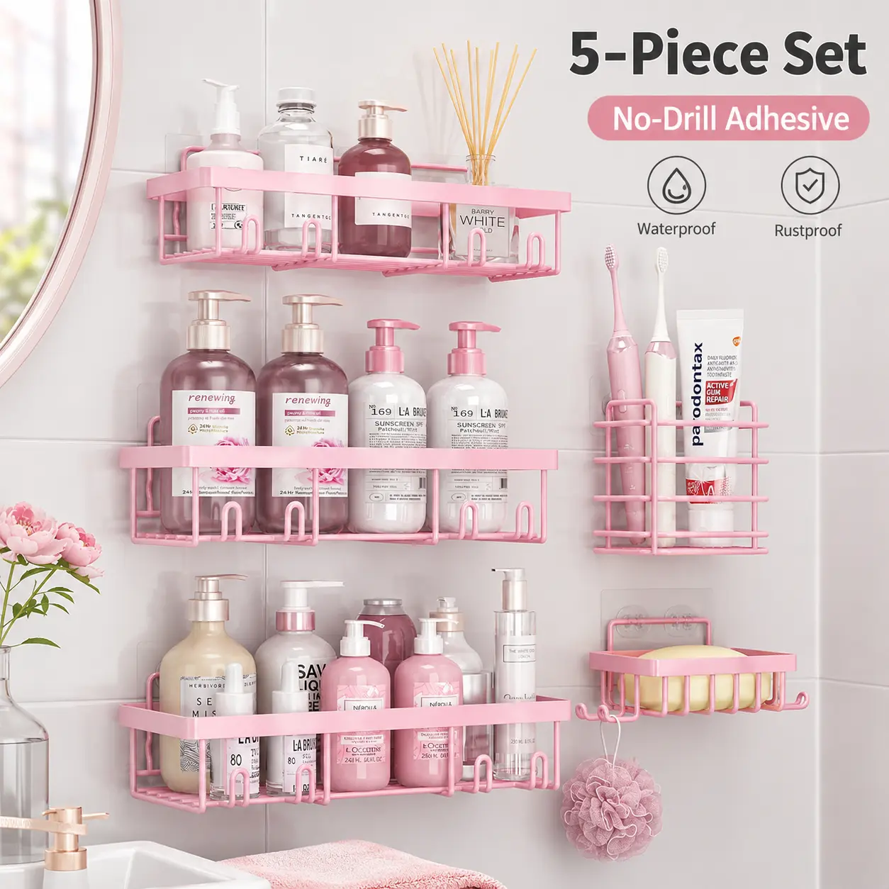 Minimalist Modern Round 5-Piece Pink Stainless Steel Shower Caddy Set - Self-Adhesive No-Drilling Hollow Bathroom Accessories, Waterproof Rust-Resistant Shelf, Shampoo Basket, Showerhead Holder, Soap Organizer, Easy Installation Home Decor