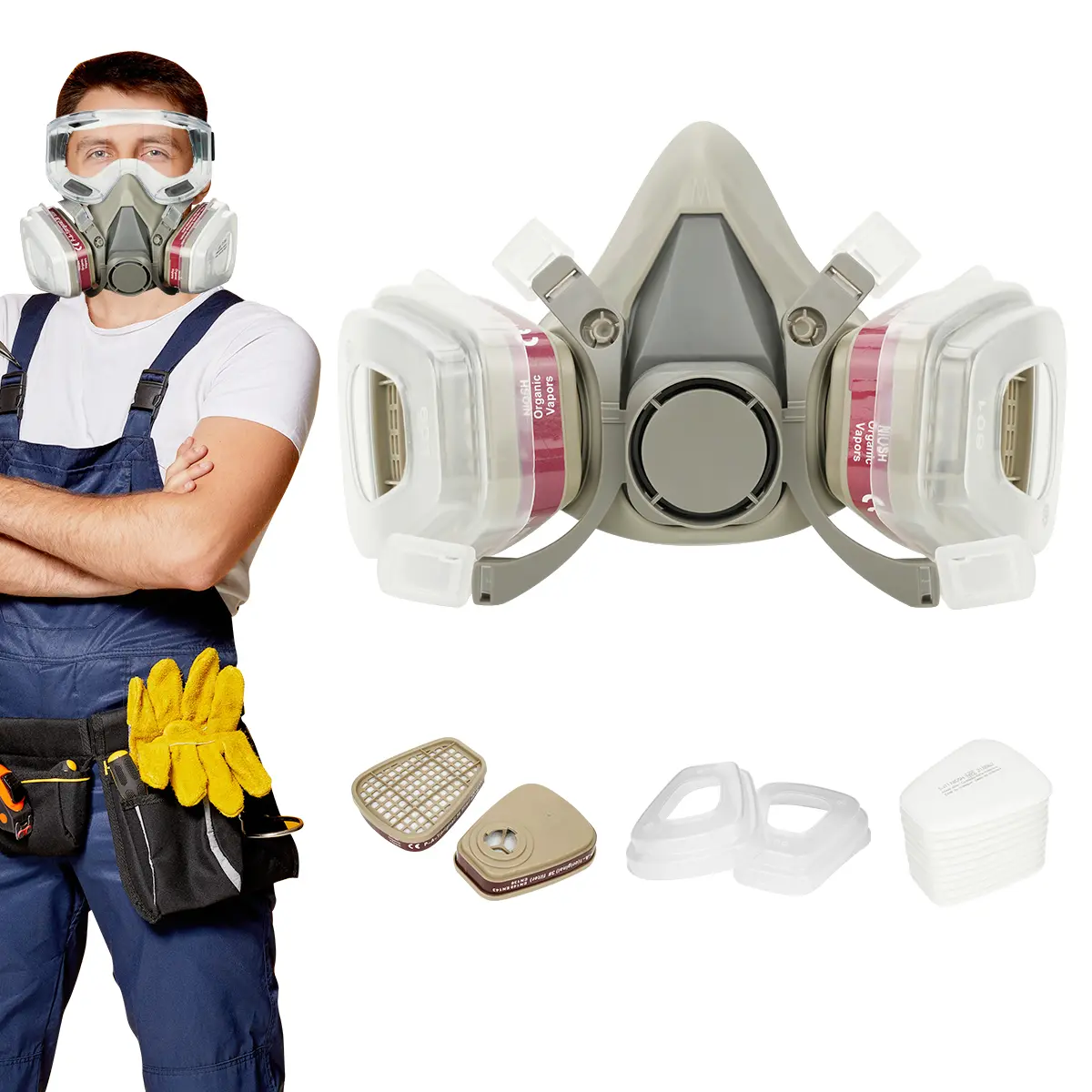 16-in-1 Reusable Respirator Mask with Dual Filter System - Full/Half Face Dust/Gas Block Mask Built for Painting, Grinding, DIY, Construction Work Safety Equipment