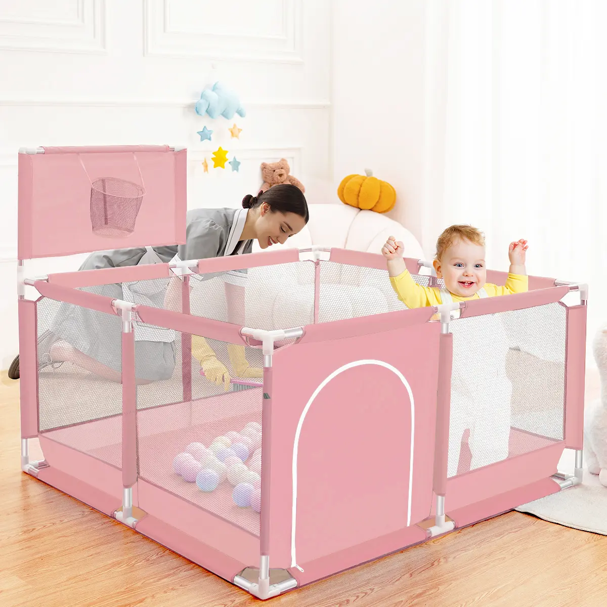 COMOMY Baby Playpen, 50.39x50.39x26 Inch, Safe Play Space with Basketball Hoop! Sturdy Breathable Mesh Playard for Indoor & Outdoor Use - Easy Storage Toddler Fence for Activity & Nap, Summervibes