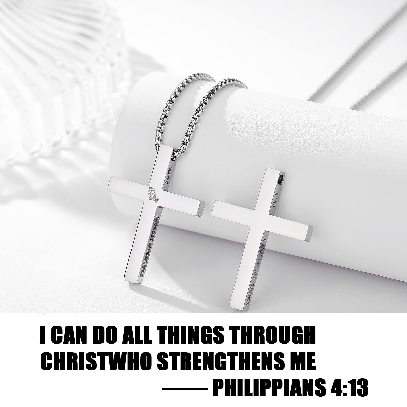 Silver Cross Necklace for Men and Women, Stainless Steel Bible Verses Cross Pendant Necklace for Boys
