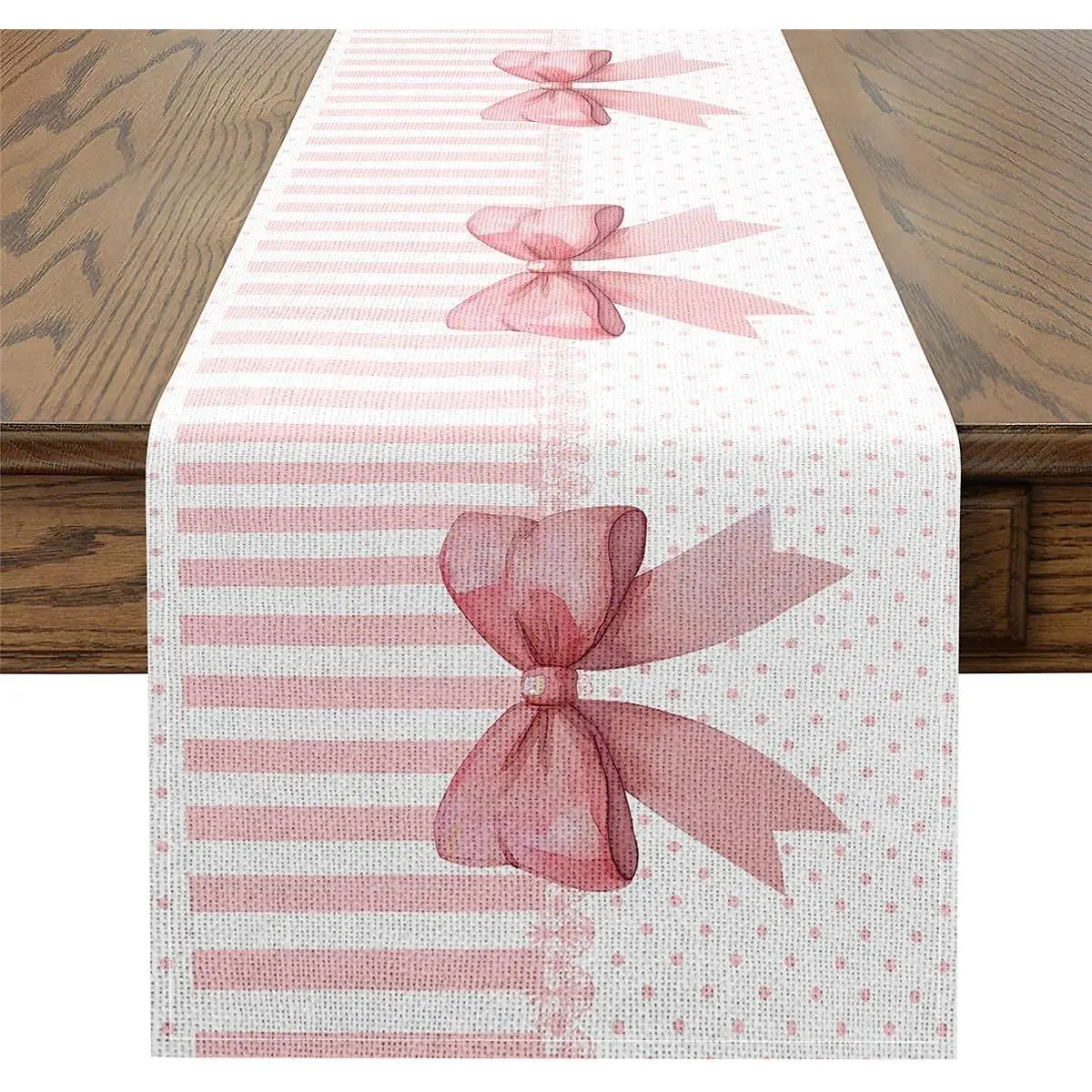 Pink Bow Table Runner,Princess Lace Watercolor Bowknot Kitchen Dining Table Decoration for Home Party,Pink White Stripes Polka Dots Patchwork Table Runners for Coffee Table