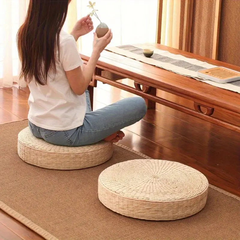 Woven Straw Seat Cushion, 11.8 Inch Round Leisure Braided Tatami Floor Cushion, Rattan Woven Futon Round Cushion for Yoga Garden