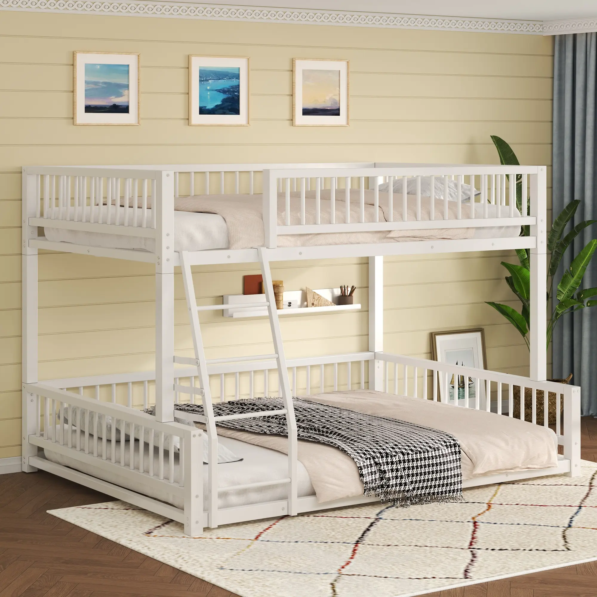 Full XL over Queen Floor Bunk Bed Frame with Ladder and Safety Guardrails, Easy Assemble,Heavy Duty Metal Space Saving
