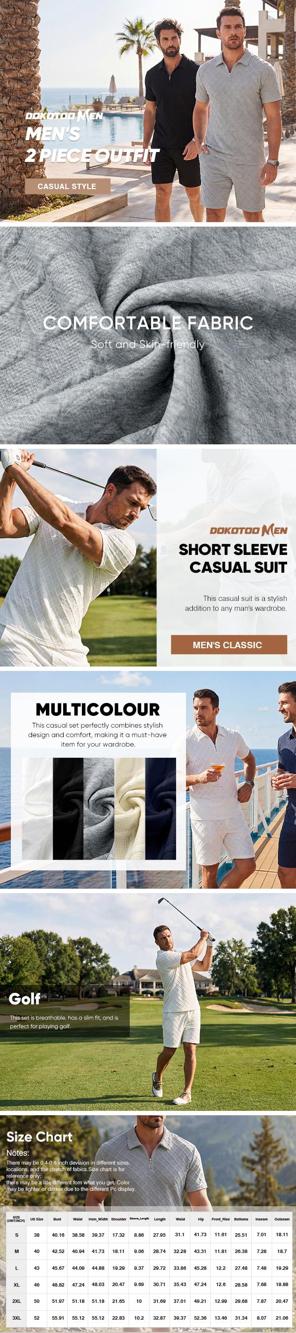 Dokotoo Men Casual 2 Piece Jacquard Knit Tracksuit Golf Polo Outfits Short Sleeve 1/4 Zip Shirts Shorts Elastic Set
