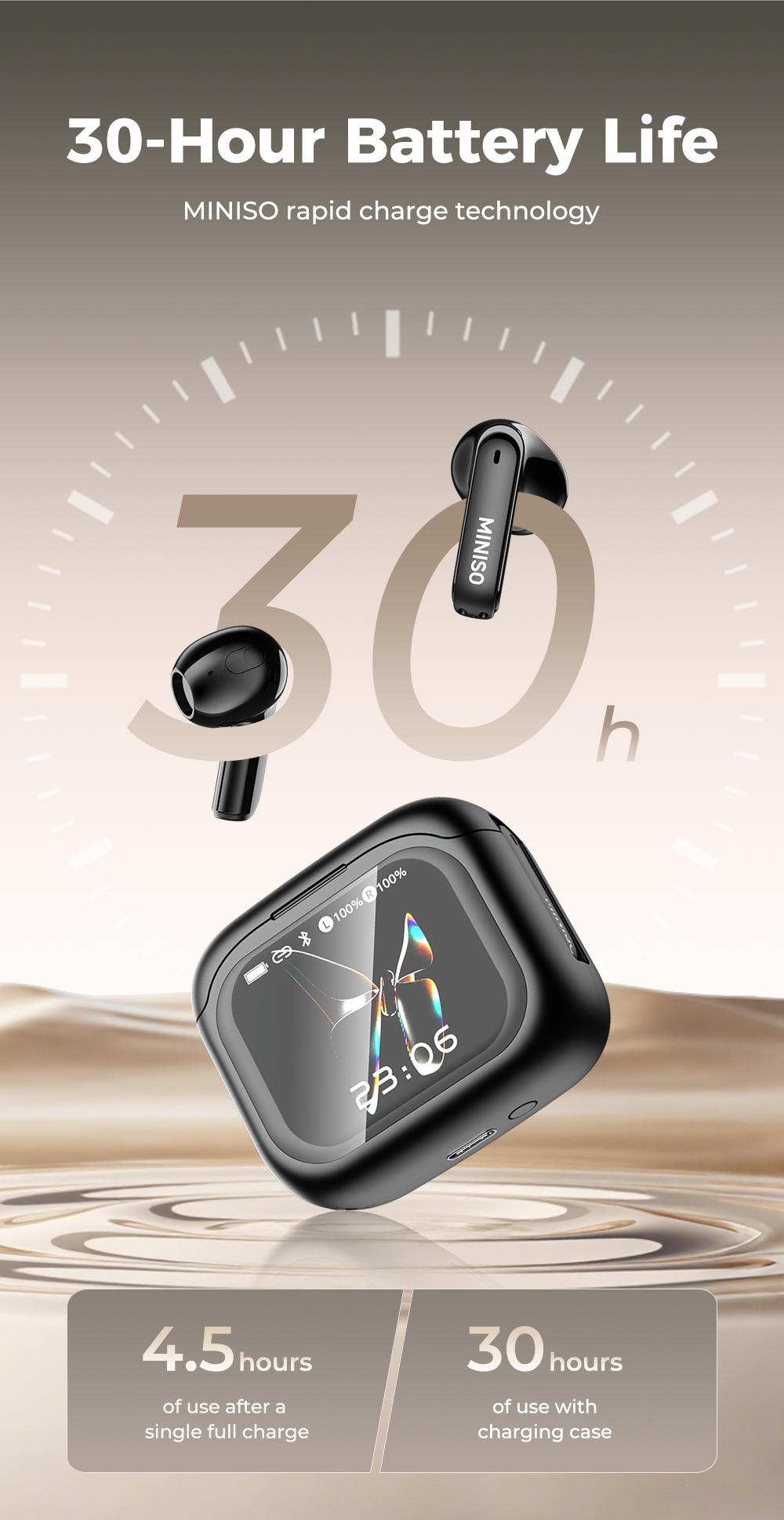 MINISO 103  AI Headset Translates 134 Languages Wireless Noise Cancelling Earbuds with Smart Screen Case, Clear Calls, App Translation, 30H Battery, Bluetooth 6.0, IPX5